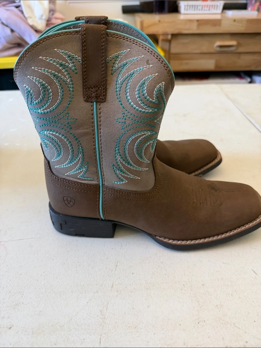 Kids Brown Cowboy Boots with Turquoise Stitching
